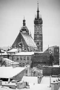 s Basilica on Main Square. BW photo. Poland. Europe.