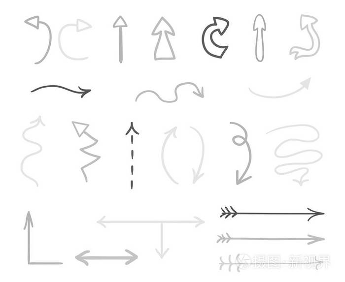 插画 手绘的白色信息元素. 抽象箭头. 线条艺术. 一组不同的指针.