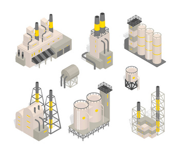 设置工业工厂厂房建设 i研究所向量例证。工业生产工厂