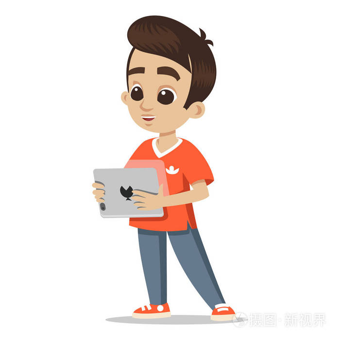 年轻的人物肖像快乐的男孩卡通与平板电脑可爱的小学生孩子可爱的小