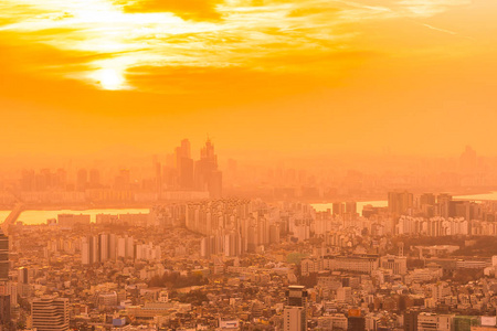 韩国首尔市日落时分的建筑景观与城市景观