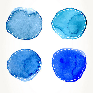 手绘蓝色水彩圆，破折号轮廓孤立在白色上。
