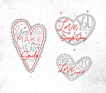 一套情人节的平心与问候字母绘制在脏纸背景上。