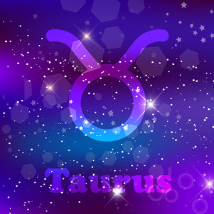 金牛座生肖和星座在宇宙紫色背景上，有发光的恒星和星云。 插图横幅海报公牛卡。 太空占星术占星术天文学幻想设计