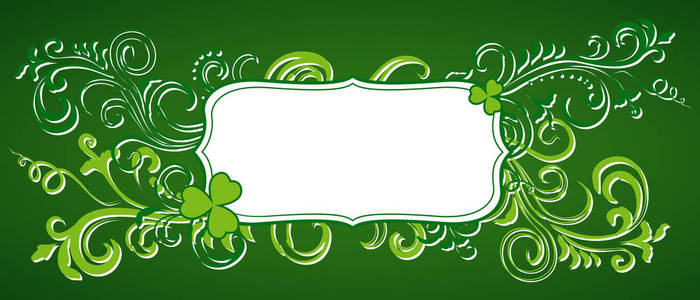 s Day green ornate vector frame with clover shamrock leaves. Iri