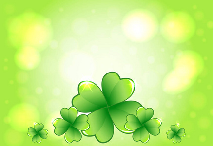 s Day green vector frame with glowing lights and clover leaves. 