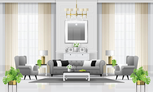 豪华客厅室内背景与家具经典风格矢量插图