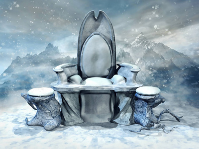 幻想的宝座是由冰雪制成的，在山上的冬季景观中。 三维渲染。