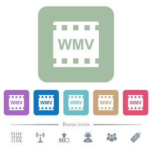 WMV电影格式白色平面图标的颜色圆形方形背景。 包括6个奖金图标