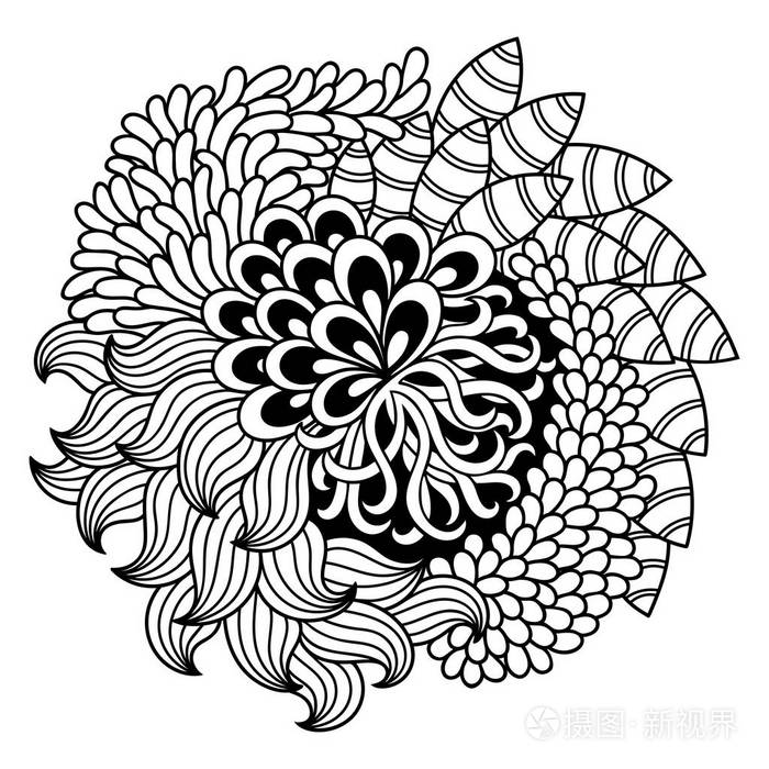 轮廓花卉图案着色书籍页. 成人和儿童的抗压力. 涂鸦装饰黑白.