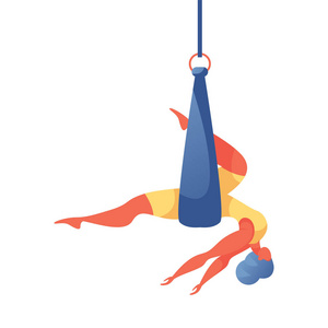 空中的丝带矢量概念插图与年轻的超大妇女做空中丝绸瑜伽吊床或丝带.