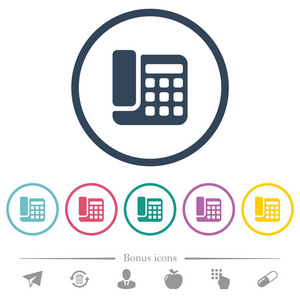 办公室电话平面颜色图标在圆形轮廓。 包括6个奖金图标。