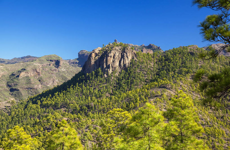 格拉加那利12月从伊那瓜的徒步路径，严格的自然保护区，朝岩石露头，莫罗德帕乔纳莱斯标志性的罗克努洛，上面可以看到。