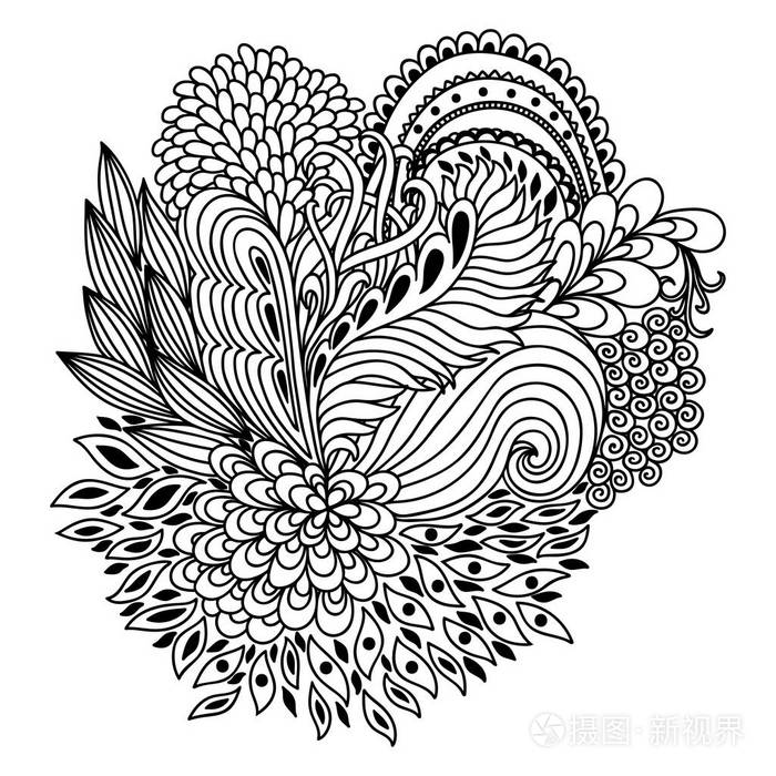 轮廓花卉图案着色书籍页. 成人和儿童的抗压力. 涂鸦装饰黑白.