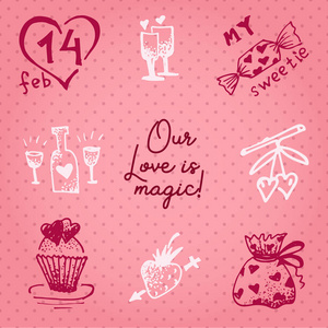 情人节卡片或邀请激励短信，我们的爱是魔法。 婚礼概念贺卡海报横幅设计元素。 喜欢粉红色的背景。 矢量图。