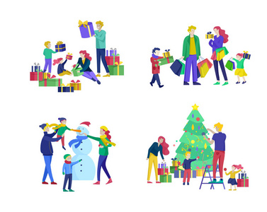 贺卡冬季假期。圣诞快乐, 新年快乐网站。人物家族与目前装饰圣诞树的背景下的内部