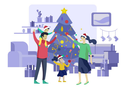 贺卡冬季假期。圣诞快乐, 新年快乐网站。人物家族与目前装饰圣诞树的背景下的内部