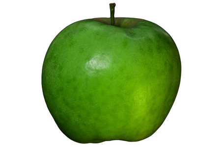 成熟的绿色苹果，白色背景分离物上有茎