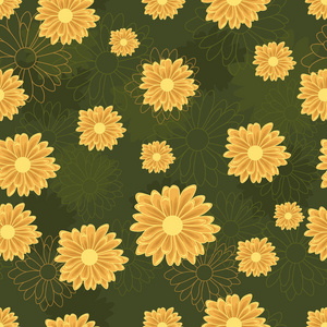无缝的样式与金黄雏菊花与在绿色背景的衬里和颜色的剪影