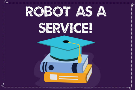 文字书写文本机器人作为一种服务。人工智能的商业概念数字协助聊天机器人颜色毕业帽与 tassel 3d 学术帽照片休息上的书籍