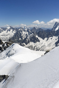 Aiguille Du Midi in Chamonix, France. In the image climbers asce