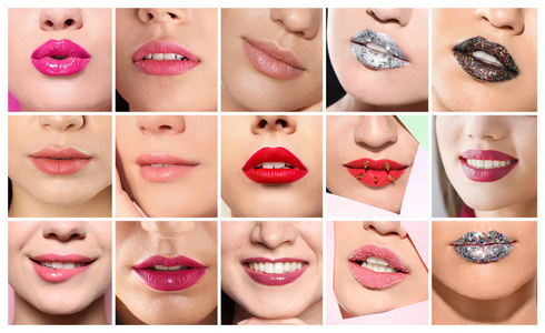 设定不同的美丽女人专注于嘴唇。 专业化妆师