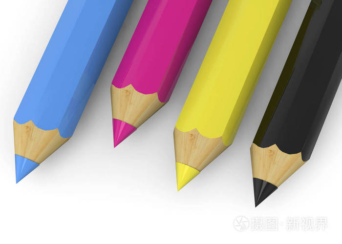 彩色CMYK铅笔白色背景3D插图。