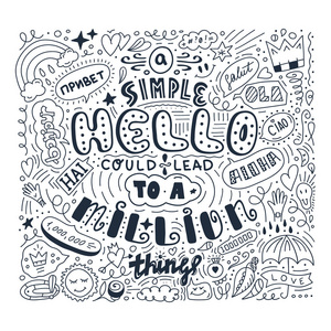 字体简单的你好在不同的语言涂鸦引用素描风格. 手绘美丽的短语.