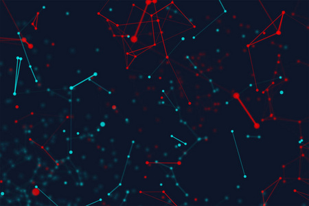 蓝色和红色数字数据和网络连接三角线和球体在未来技术概念上的黑色背景3D抽象插图