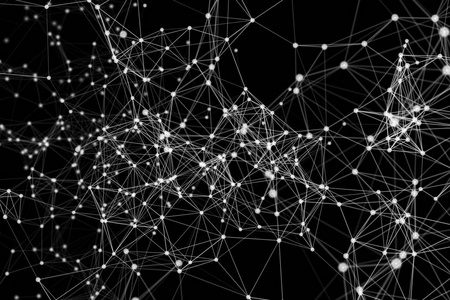 白色数字数据和网络连接三角线和球体在未来技术概念上的黑色背景三维抽象插图