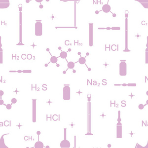 科学矢量无缝图案与烧瓶，试管，烧杯，工具和公式..教育要素。化学，生物，医学..