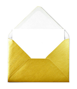 金色信封和白色卡片，复制空间隔离在白色背景上。 闪亮的金色信封贺卡或邀请函邮寄。