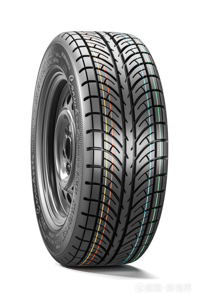 照片 新的汽车车轮. 轮胎胎面侧视图. 在白色背景上隔离的对象. 3d.