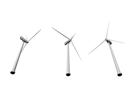 白色背景风力发电工业插图3D插图，从底部分离的3个风车视图