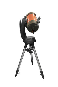 三脚架上的橙色望远镜隔离在白色背景上