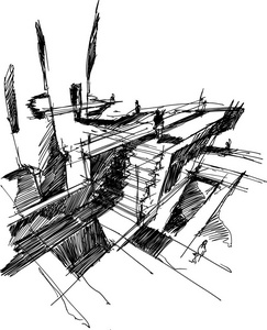 手绘建筑素描现代奇妙的抽象建筑结构一套房子的手绘图标小镇无缝模式