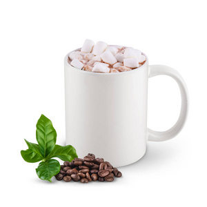 白色杯热巧克力与棉花糖在白色背景