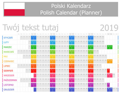 2019年波兰规划师日历与水平月白色背景