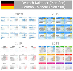 2019年德国混合日历星期一太阳在白色背景