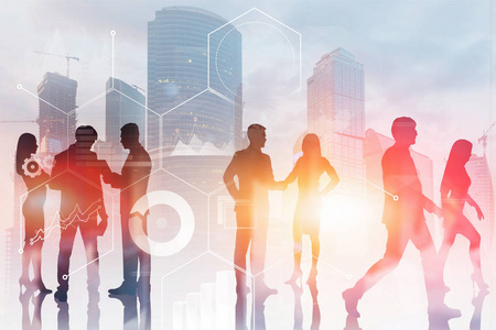 科技城市剪影商业人士在城市景观背景下互动的剪影,商业界面的双重