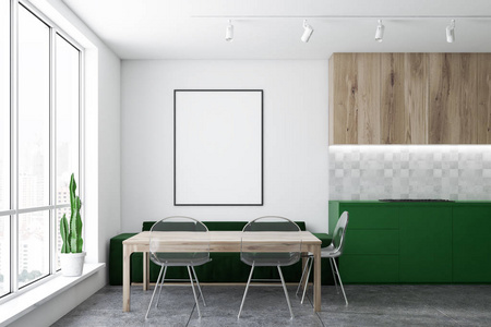 现代厨房内部有白色墙壁，瓷砖地板，绿色台面和木制橱柜，木制桌子，绿色沙发和透明椅子和垂直海报。3D渲染模拟