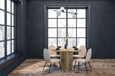 现代餐厅的内部有灰色的墙壁，木制的地板，圆形的木制桌子，米色和黑色的椅子站在它周围，还有两个大窗户。 3D渲染