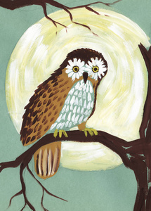 猫头鹰在月亮的背景上的树枝上.水彩画的手绘艺术插图照片