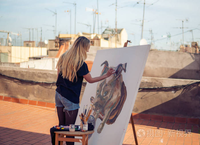年轻的女画家在家屋顶画画大帆布上的斗牛犬图片户外艺术