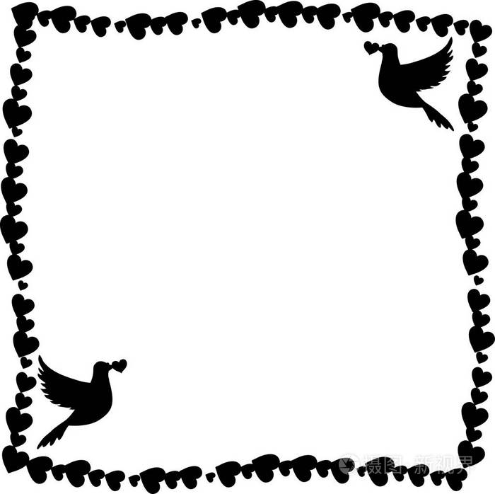 黑白复古边境相框的心与爱鸽子夫妇的鸽子轮廓在角落单色模板情人节
