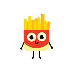 字符设置快餐炸薯条可乐汉堡卡通卡片与滑稽的食物字符矢量插图-蛋糕