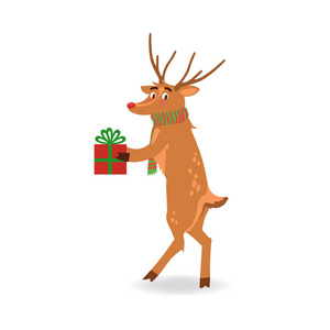 驯鹿的矢量例证与红色鼻子和鹿角在围巾拿着包裹的礼品盒