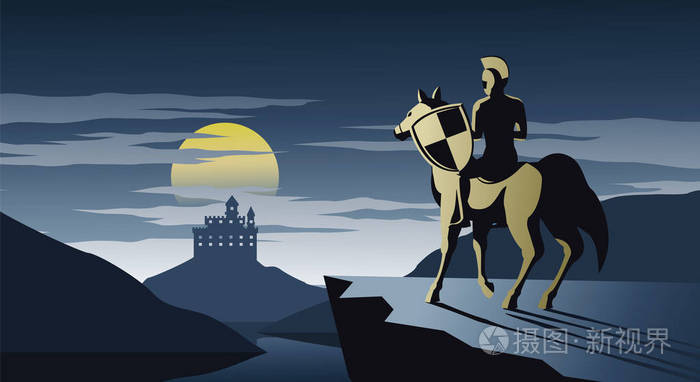 骑士骑在马背上,站在悬崖上,看城堡,试着去看泰伦和可怕的夜莺矢量