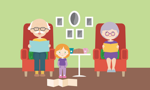客厅祖母和祖父坐在椅子上，从书本矢量平面卡通中阅读孙儿