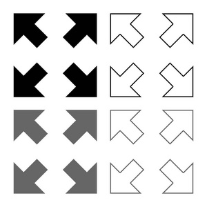 四个箭头指向不同方向的中心图标设置灰色黑色矢量插图轮廓平面风格简单图像